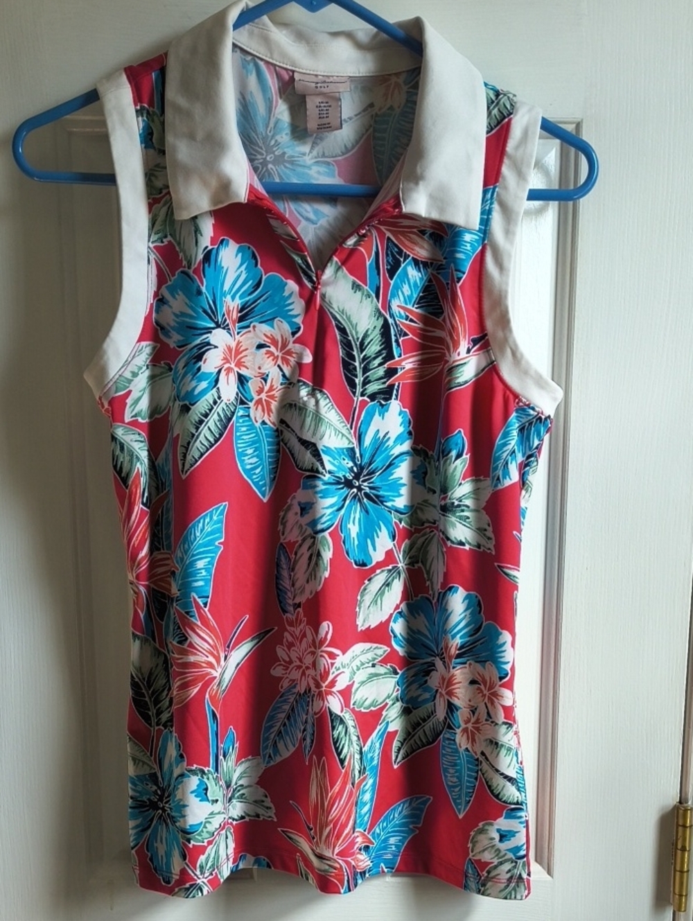 Tommy Bahama Pink Floral Sleeveless Polo with White Collar